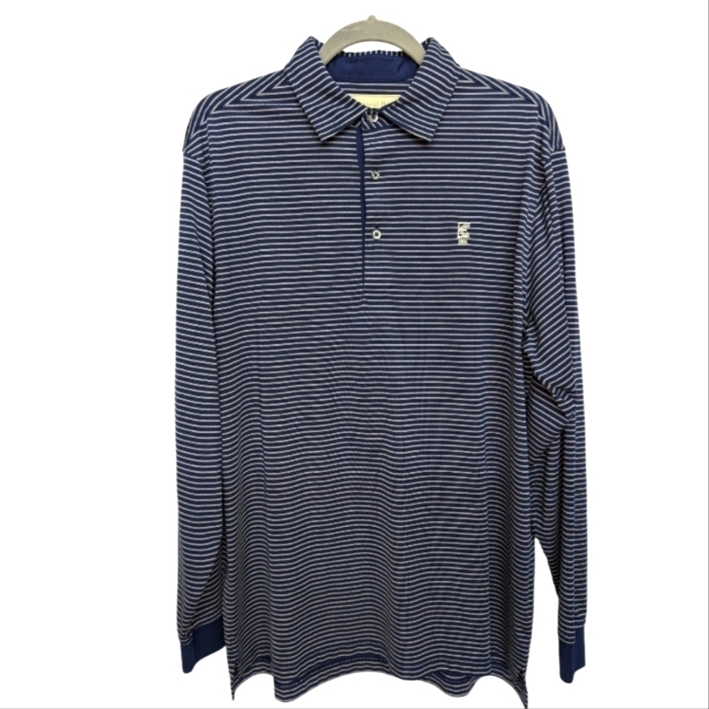 Donald Ross Shirt Golf Performance Long Sleeve Polo Blue Grey Stripe Mens Medium
